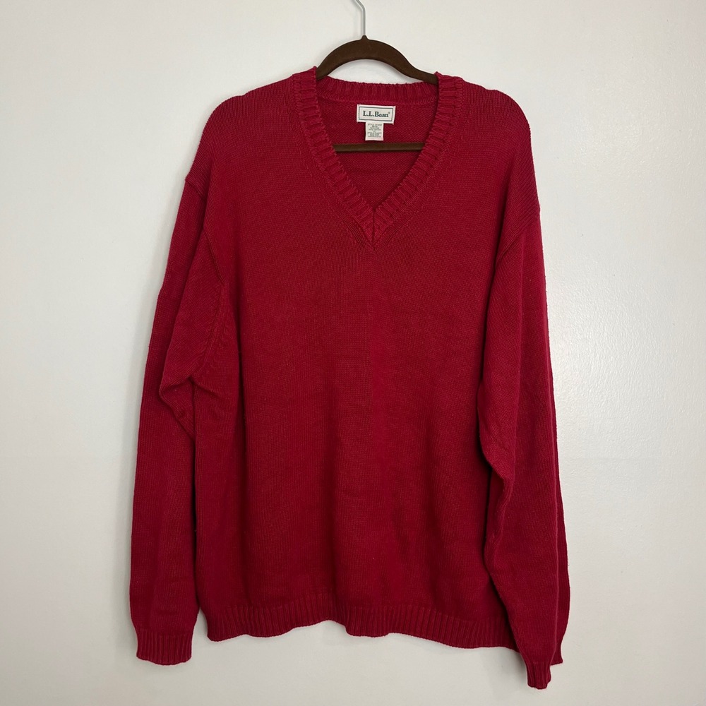 Vintage LLBean Mens Regular VNeck Sweater Red‎ Cotton XL Old Money Style OFW82